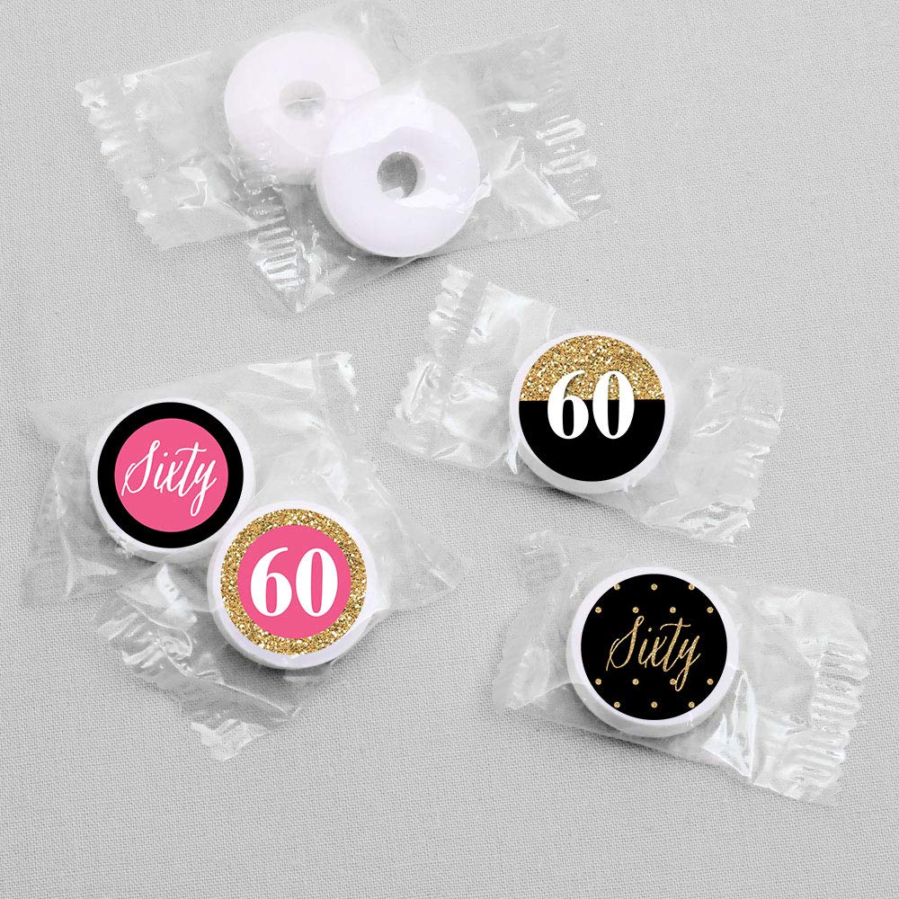 Big Dot of Happiness Chic 60th Birthday - Pink, Black and Gold - Round Candy Sticker Favors – Labels Fit Chocolate Candy (1 sheet of 108)