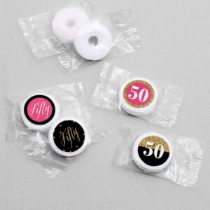 Big Dot of Happiness Chic 50th Birthday - Pink, Black and Gold Round Candy Sticker Favors Labels Fit Chocolate (1 Sheet 108)