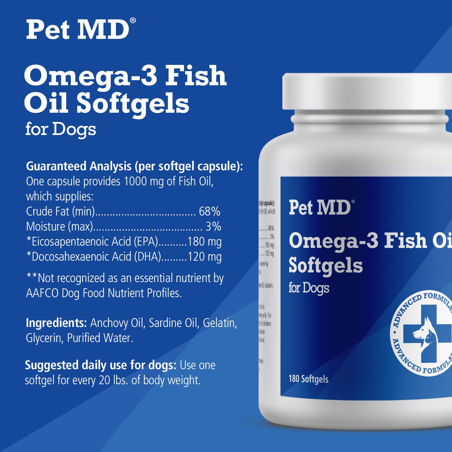 Pet MD – Omega 3 Fish Oil Supplement for Dogs – Skin and Coat Support for Dogs – 180 Softgels