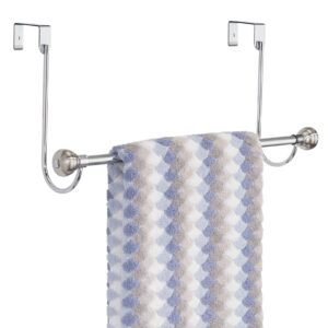 mdesign metal bathroom over shower door towel rack holder - storage organizer bar for hanging washcloths, bath, hand, face & fingertip towels - brushed with chrome finials