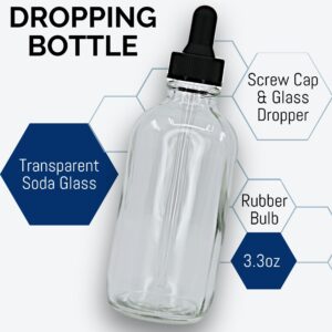 Eisco - Dropping Bottle 100ml (3.3oz) - Glass Dropper Bottle with Screw Cap & Rubber Bulb - Transparent Soda Glass Bottle, Small Glass Bottles with Dropper for Lab Work, Eye Dropper, Oil Drop Bottle