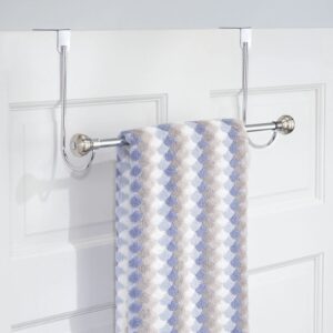 mDesign Metal Bathroom Over Shower Door Towel Rack Holder - Storage Organizer Bar for Hanging Washcloths, Bath, Hand, Face & Fingertip Towels - Brushed with Chrome Finials