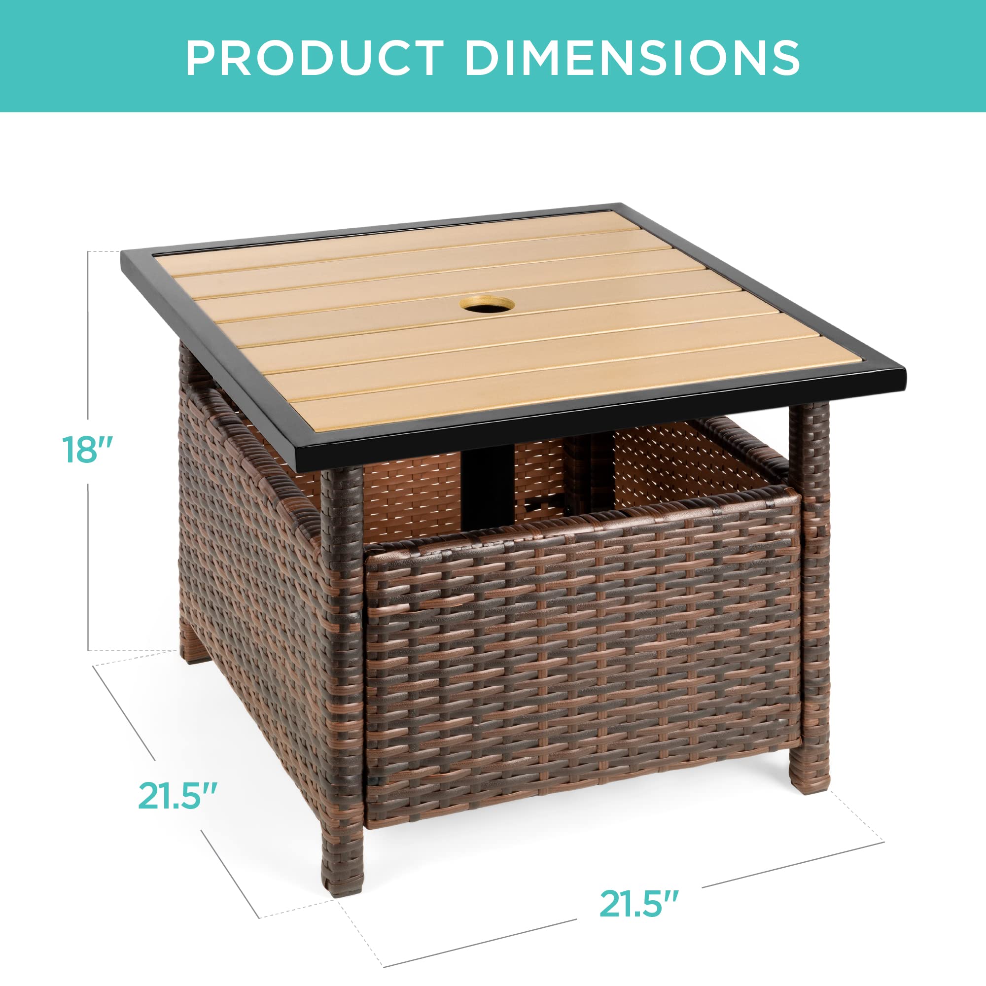 Best Choice Products Wicker Side Table with Umbrella Hole, Square PE Rattan Outdoor End Table for Patio, Garden, Poolside, Deck w/UV-Resistant Frame, Storage Space - Brown