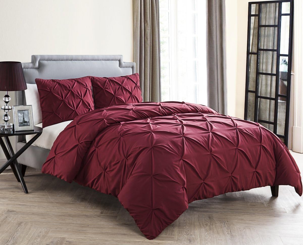 VCNY Home Duvet Cover Puckered Diamond Bedding with Matching Shams, Button Closure, Seasons, Queen, Burgundy