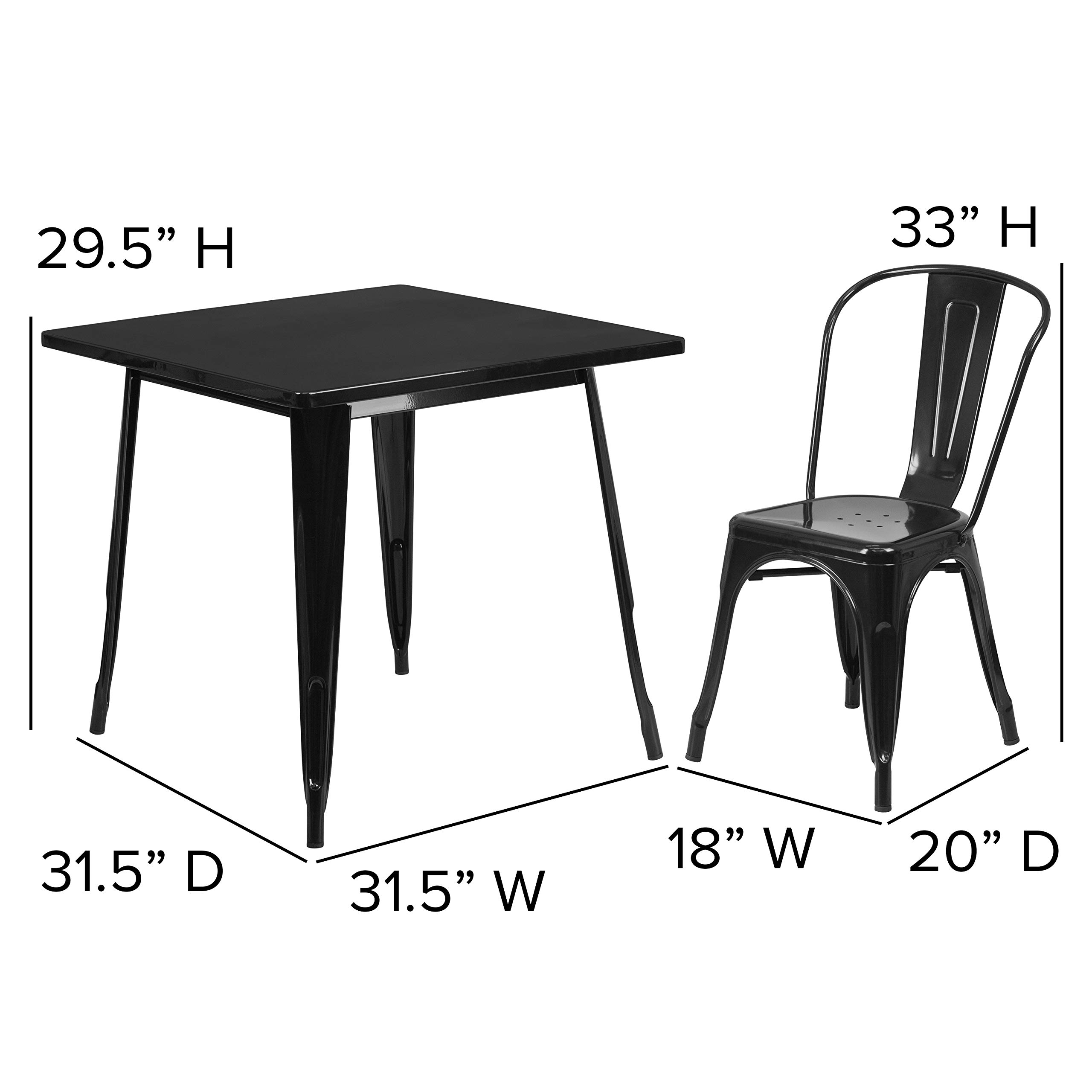 Flash Furniture 5-Piece Commercial 31.5" Square Metal Dining Table and Chairs Set, Indoor/Outdoor Dining Set with Table and 4 Stackable Chairs, Black