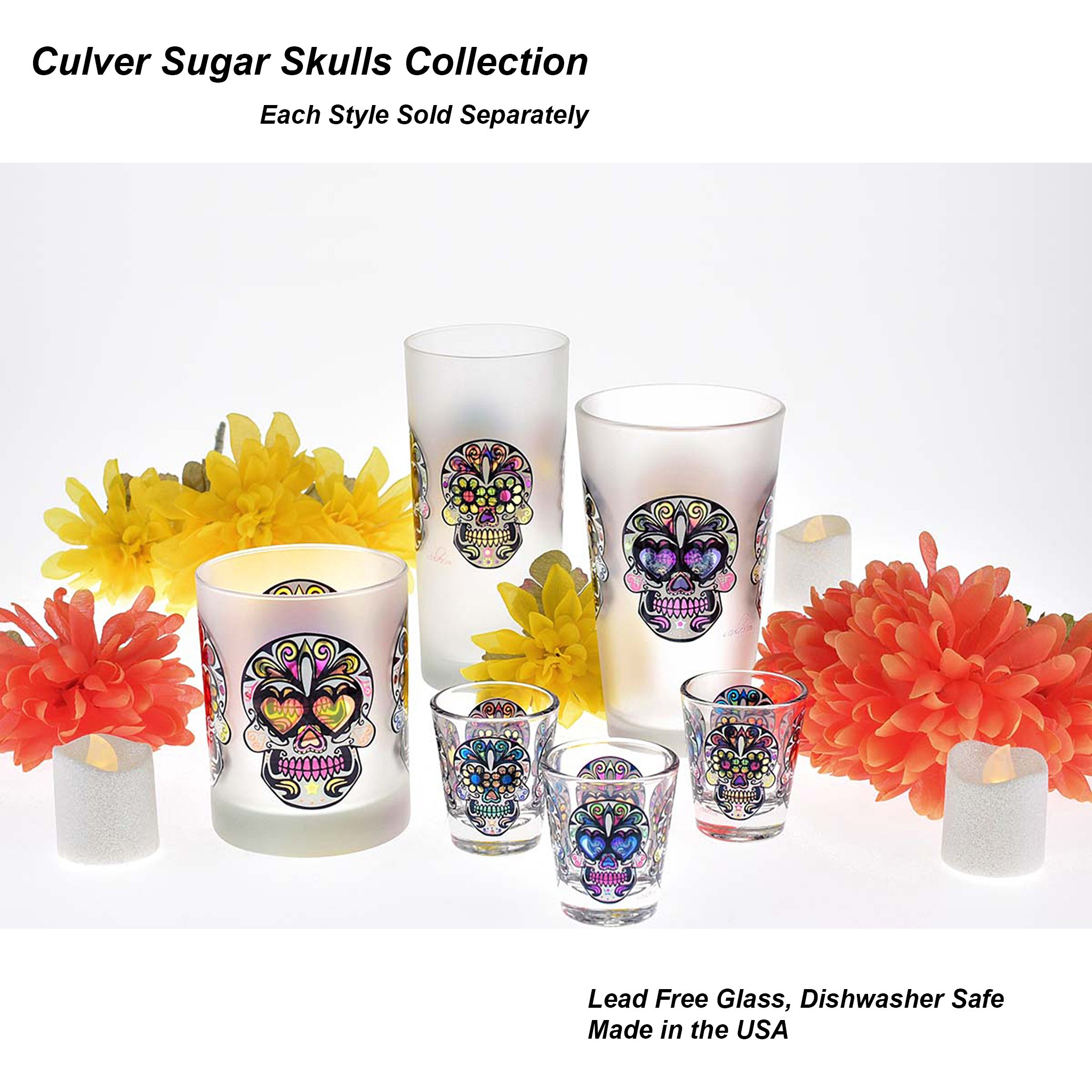 Culver Sugar Skulls Decorated Shot Glasses, 1.75-Ounce, Set of 4