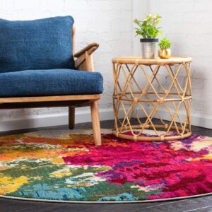 Unique Loom Estrella Collection Colorful, Abstract, Floral, Watercolors, Modern, Distressed Area Rug, Round 6' 0" x 6' 0", Multi/Pink