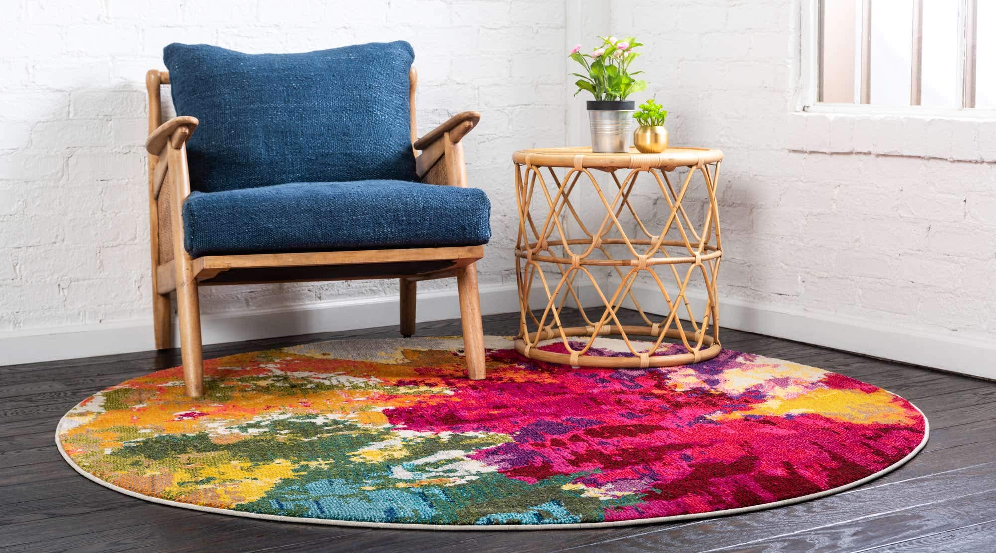 Unique Loom Estrella Collection Colorful, Abstract, Floral, Watercolors, Modern, Distressed Area Rug, Round 6' 0" x 6' 0", Multi/Pink