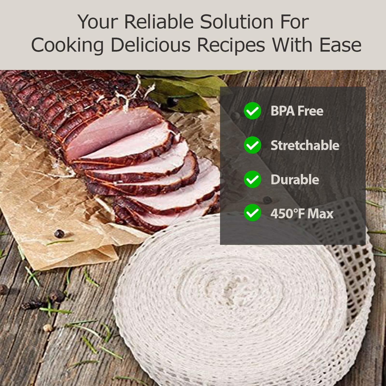 The Sausage Maker® 50ft Meat Netting Roll Size 14, Elastic Butchers Twine Cooking String Food Net For Salami, Pork Loin, Bresaola, Capicola, USA Made, BPA Free Stretchable Poly-Cotton Mesh, 4" Dia