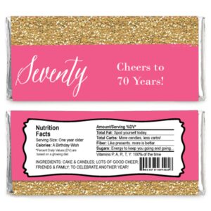 Big Dot of Happiness Chic 70th Birthday - Pink and Gold - Birthday Party Favors Candy Bar Wrappers - Set of 24