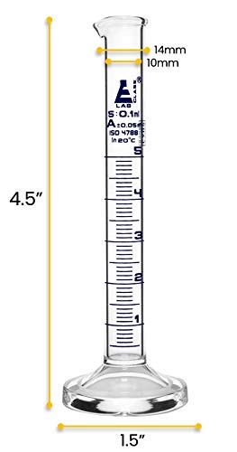 EISCO Graduated Cylinder, 5ml - Class A Tolerance ±0.05ml - Round Base - Blue Graduations - Borosilicate 3.3 Glass