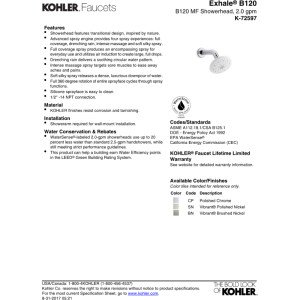 KOHLER Kohg9# K-72597-CP Exhale B120 2.0 Gpm Multifunction Showerhead, Polished Chrome,