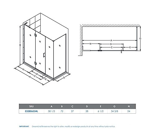 DreamLine Unidoor-X 58 1/2 in. W x 34 3/8 in. D x 72 in. H Frameless Hinged Shower Enclosure in Chrome, E32806534L-01