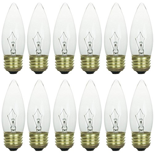 Sunlite 25ETC/32/12PK 25W Incandescent Torpedo Tip Chandelier with Crystal Clear Light Bulb and Medium E26 Base (12 Pack)