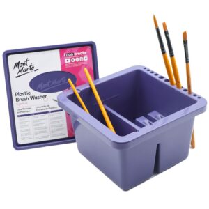 mont marte twin compartment plastic brush washer. easy paint brush cleaning and drying. suitable for acrylic and watercolor painting.