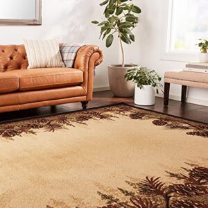 Rustic Lodge Pine Cone Border Brown 8x10 Area Rug, 7'10x9'10