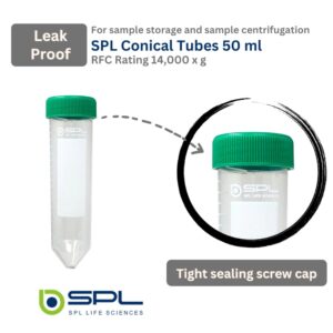 SPL 50ml Conical Centrifuge Tube Polypropylene Screw Cap, Sterile Non - pyrogenic, Non - cytotoxic, DNase/RNase - Free, Resealable Bags (500 Tubes)