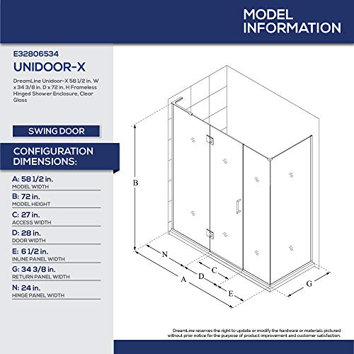 DreamLine Unidoor-X 58 1/2 in. W x 34 3/8 in. D x 72 in. H Frameless Hinged Shower Enclosure in Chrome, E32806534L-01