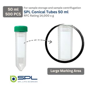 SPL 50ml Conical Centrifuge Tube Polypropylene Screw Cap, Sterile Non - pyrogenic, Non - cytotoxic, DNase/RNase - Free, Resealable Bags (500 Tubes)