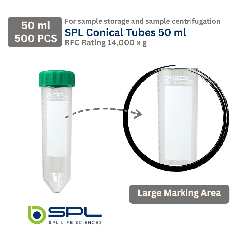 SPL 50ml Conical Centrifuge Tube Polypropylene Screw Cap, Sterile Non - pyrogenic, Non - cytotoxic, DNase/RNase - Free, Resealable Bags (500 Tubes)