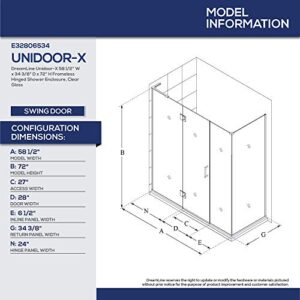 DreamLine Unidoor-X 58 1/2 in. W x 34 3/8 in. D x 72 in. H Frameless Hinged Shower Enclosure in Chrome, E32806534L-01