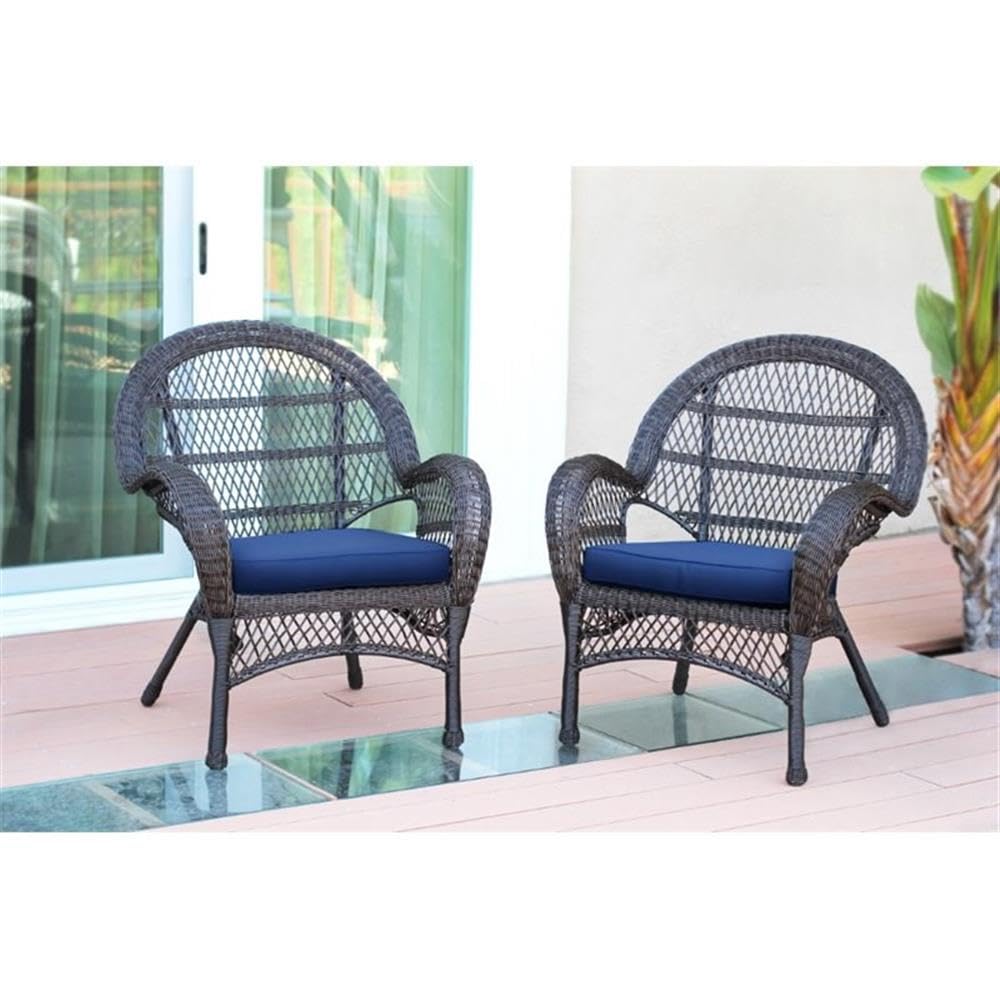 Jeco Wicker Chair with Blue Cushion, Set of 2, Espresso/W00208-