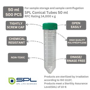 SPL 50ml Conical Centrifuge Tube Polypropylene Screw Cap, Sterile Non - pyrogenic, Non - cytotoxic, DNase/RNase - Free, Resealable Bags (500 Tubes)