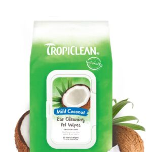 TropiClean Mild Coconut Dog Ears Cleaning Wipes | Ear Wipes for Dogs & Cats | Deodorizing Pet Ear Wipes Derived from Natural Ingredients | 50 Count