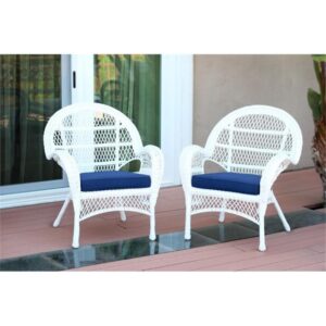 Jeco Wicker Chair with Blue Cushion, Set of 2, White/W00209-