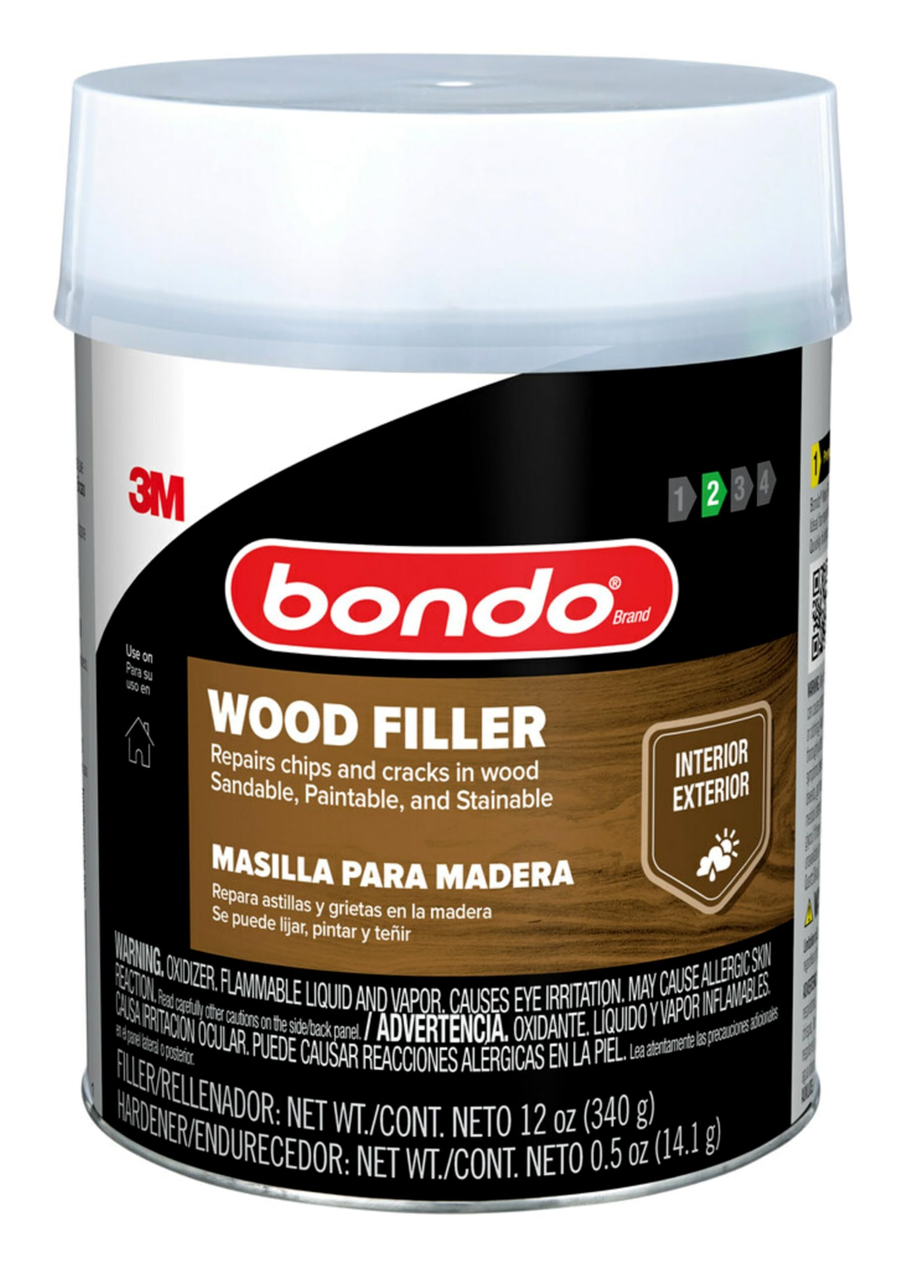 Bondo Wood Filler 12 oz with Hardener 0.5 oz, Repairs Chips and Cracks in Wood, Sandable, Paintable, and Stainable