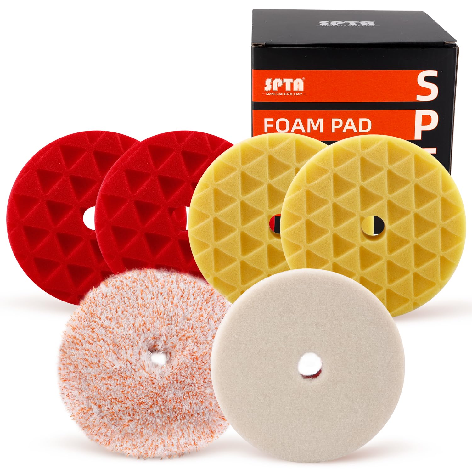 Buffing Polishing Pads, SPTA 5 Inch 125mm Body Repair Polishing Pad Set Made for 5 Inch Backing Plate, 6 Pcs Buffing Pads with Sponge, Wool and Micro-Fiber Pad Set for Car Detailing polishing Buffing