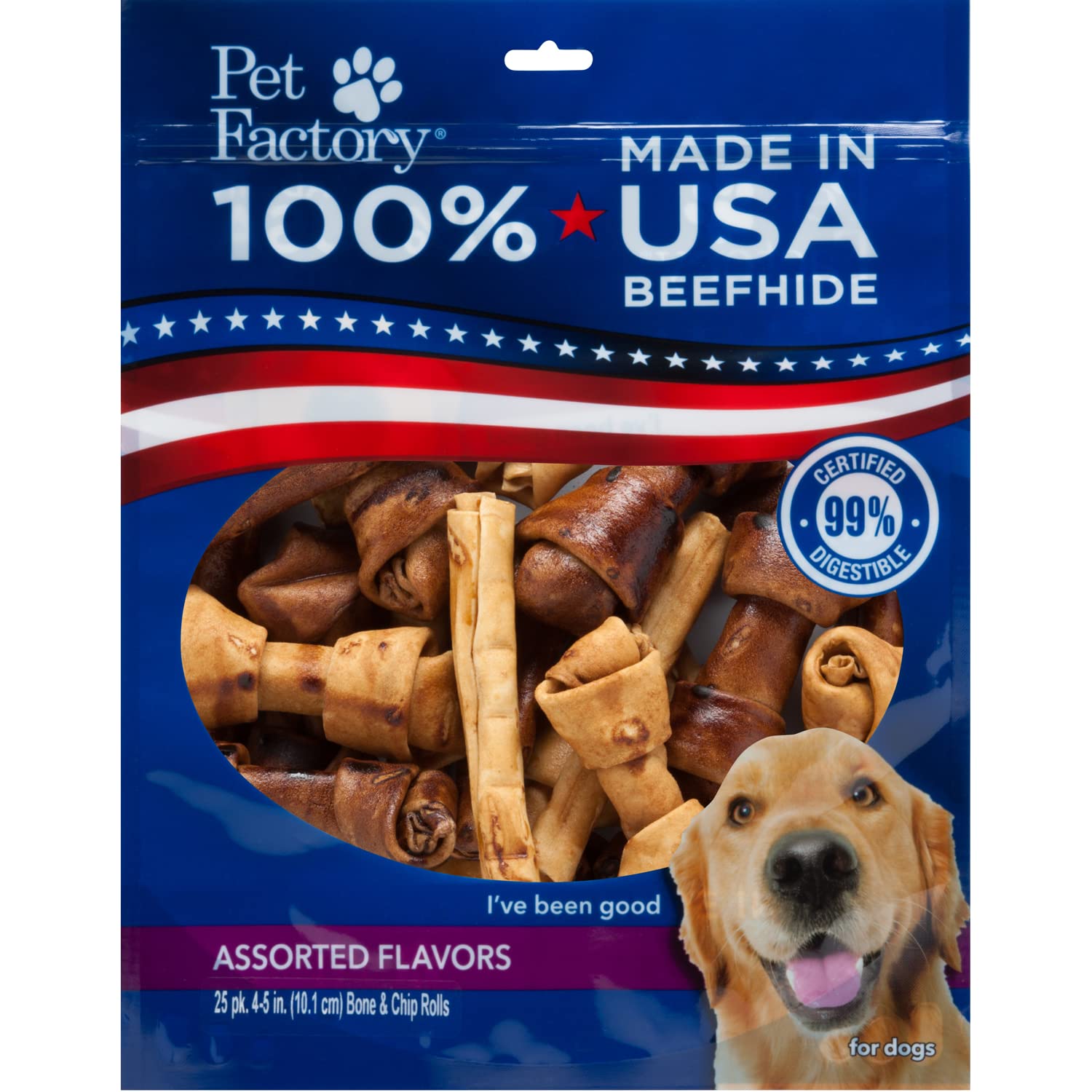 Pet Factory 100% Made in USA Beefhide 4-6" Assorted (Bones & Chip Rolls) Dog Chew Treats - Beef & Chicken Flavor, 25 Count/1 Pack