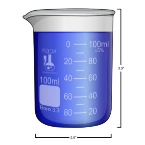 Karter Scientific 214T2, 3.3 Boro, Griffin Low Form, Glass Beaker Set - 4 Sizes - 10ml, 50ml, 100ml, 250ml