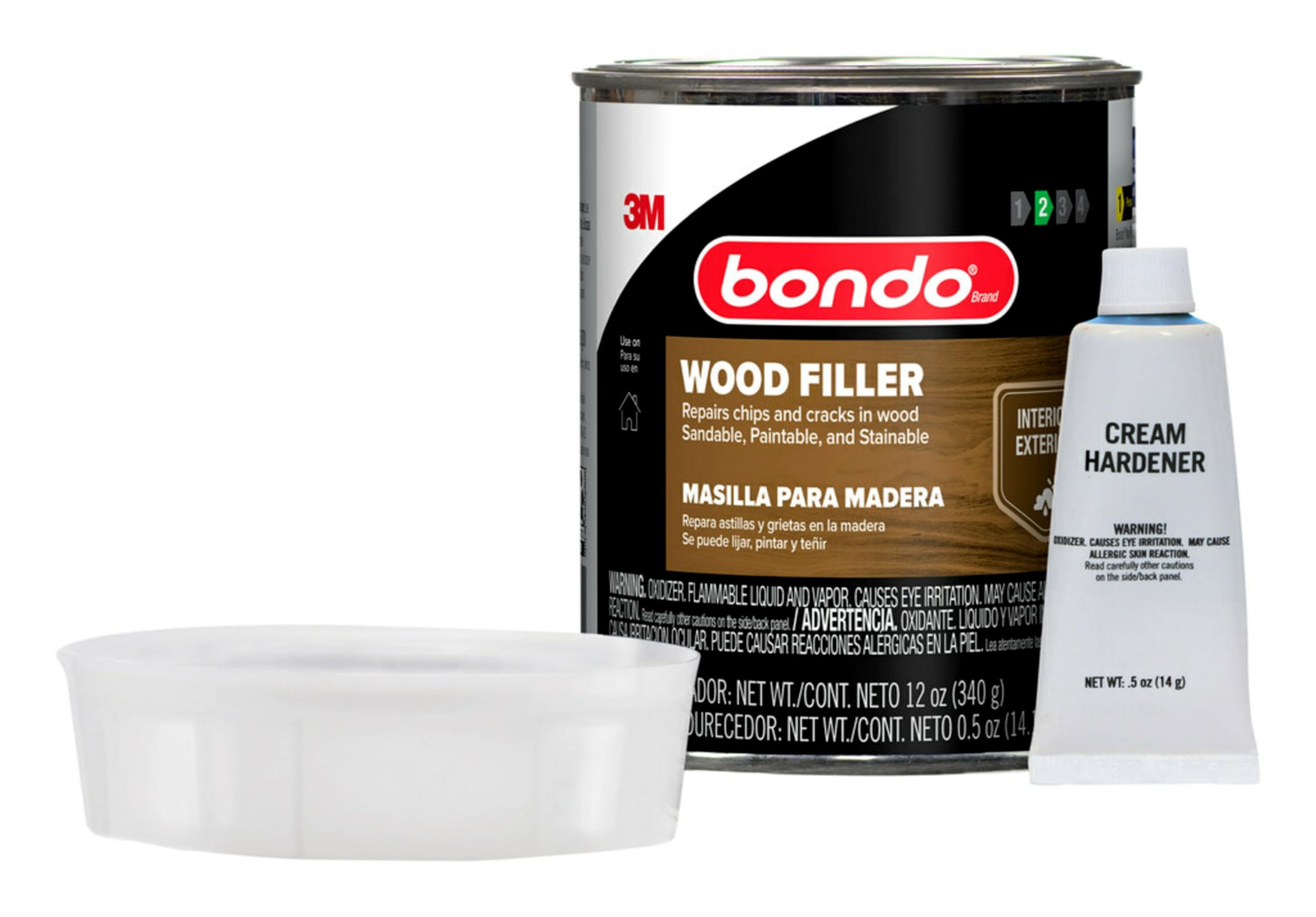 Bondo Wood Filler 12 oz with Hardener 0.5 oz, Repairs Chips and Cracks in Wood, Sandable, Paintable, and Stainable