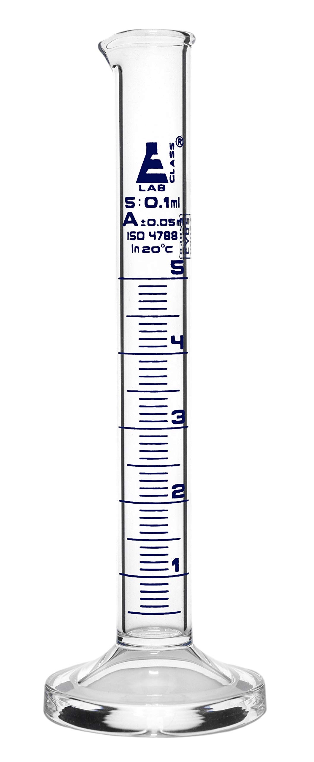 EISCO Graduated Cylinder, 5ml - Class A Tolerance ±0.05ml - Round Base - Blue Graduations - Borosilicate 3.3 Glass