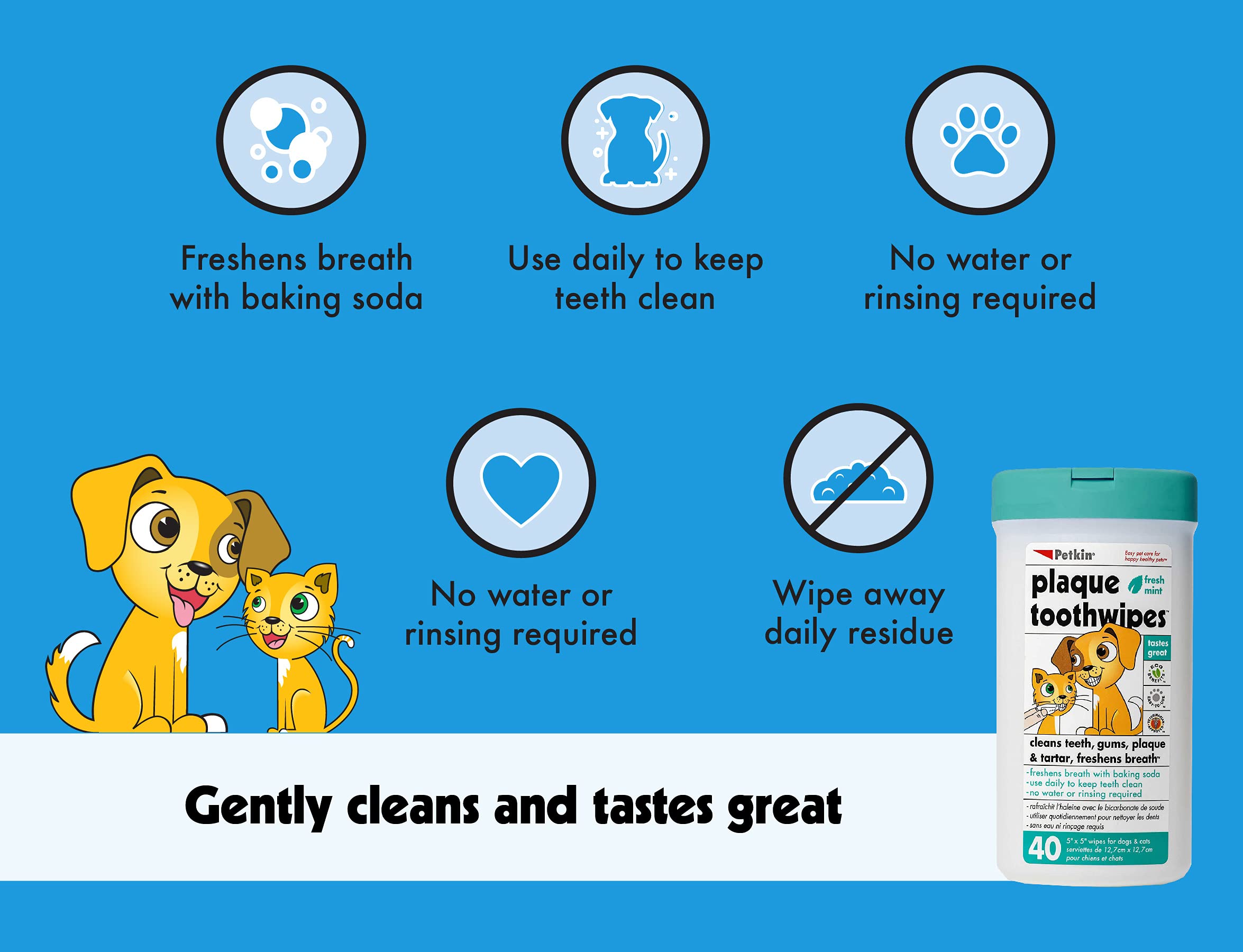 Petkin Cat and Dog Dental Wipes, 40 Wipes (Fresh Mint) - Natural Formula Cleans Teeth, Gums & Freshens Breath - for Daily Use - Convenient Dog Dental Care - 1 Pack of 40 Wipes