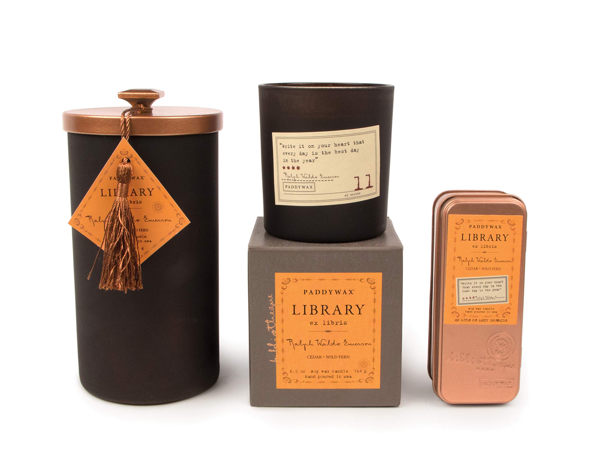 Paddywax Library Collection Ralph Waldo Emerson 2-Wick Scented Travel Tin Candle, Set of 2, 3.5-Ounce, Cedar & Wild Fern