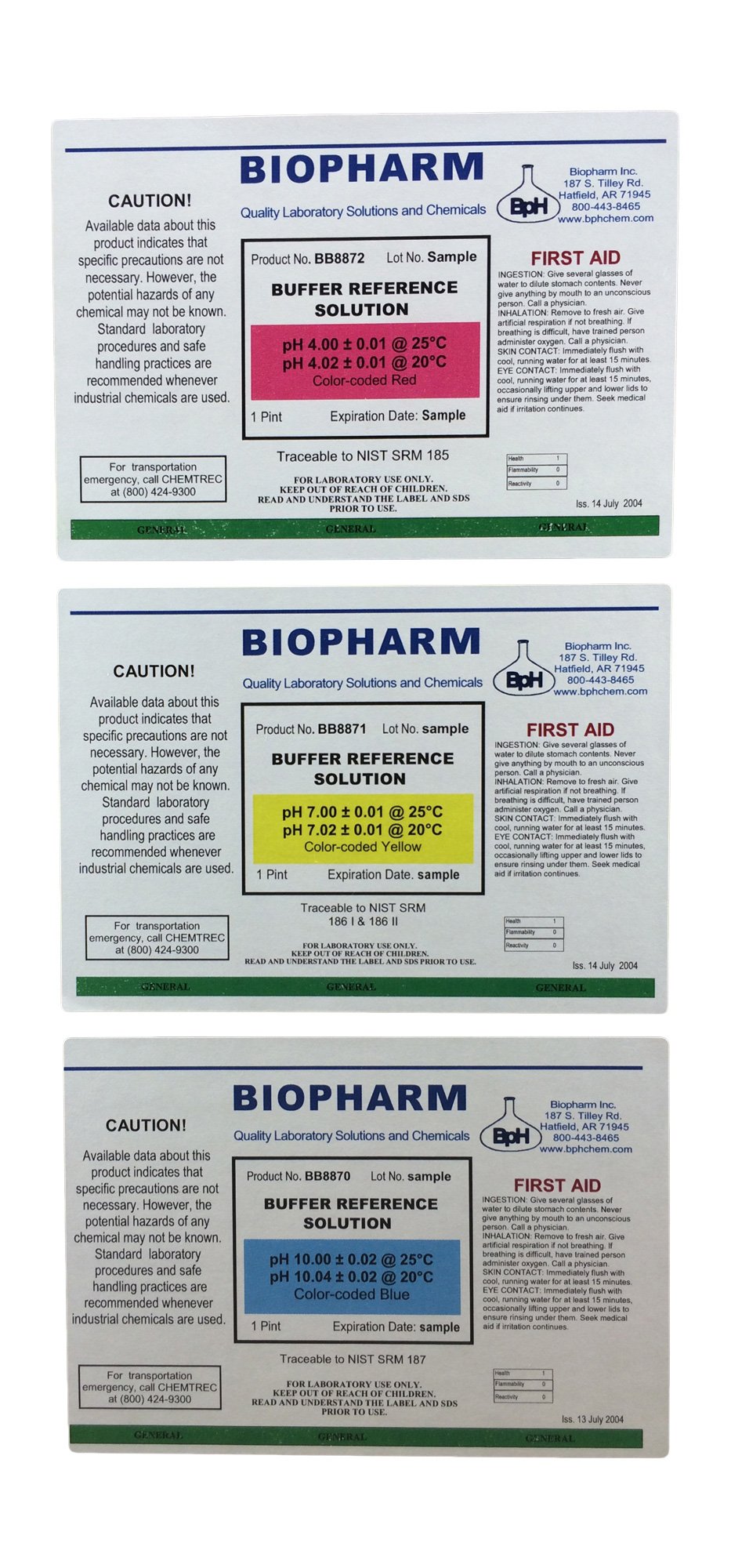 pH Buffer Calibration Solution Kit 3-Pack: pH 4.00, pH 7.00, pH 10.00 Buffers — 500 mL (1.06 Pint) Each — Color Coded — NIST Traceable for All pH Meters