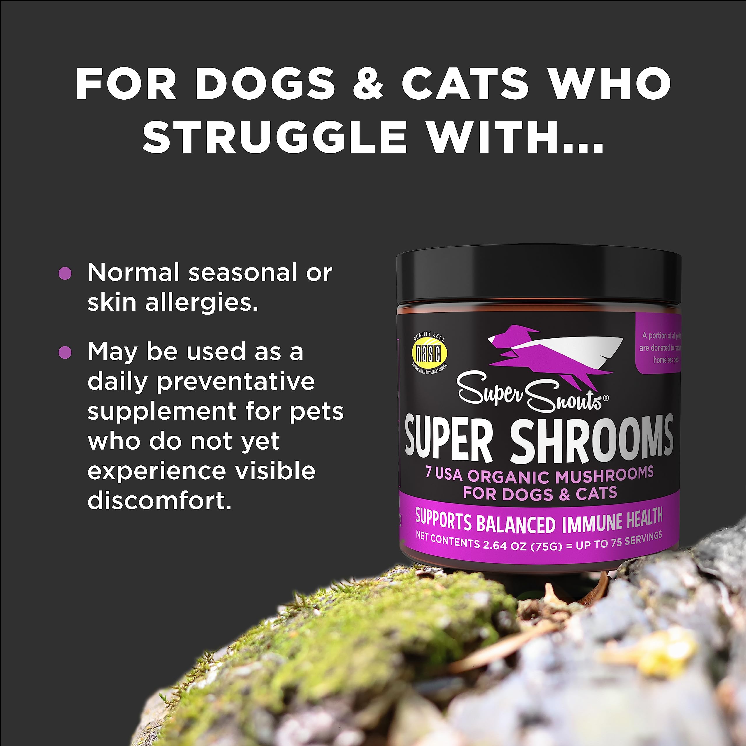 Super Snouts Super Shrooms Mushroom Immune Support Supplement for Dogs and Cats, 2.64 oz - Made in USA Organic Non-GMO, Immune Health for Strong Immunity, 7 Mushroom Blend Powder