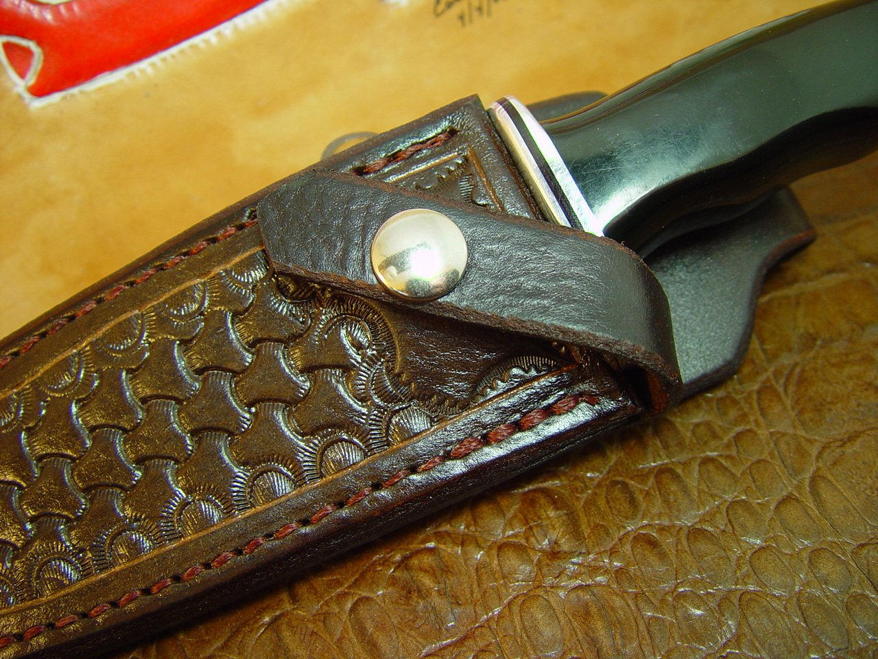 Buck 119 Custom Left Hand Knife Sheath, Genuine Buffalo Hide Leather Knife Holder, Dark Brown