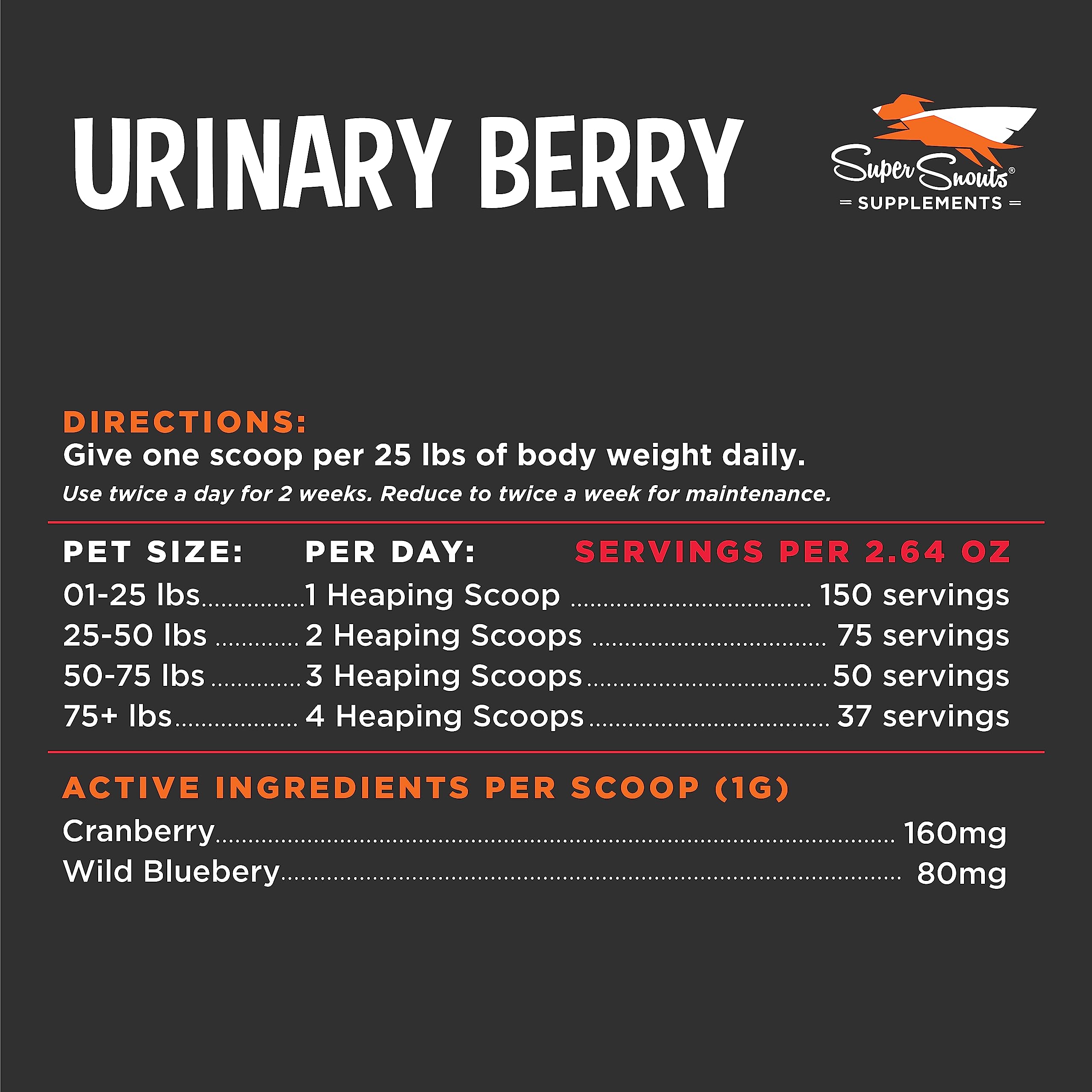 Super Snouts Urinary Berry Urinary Tract Supplements for Dogs & Cats, Made in USA, US & Canadian Blueberry & Cranberry Powder, UTI, Kidney Health Support, Bladder Support for Dogs (2.64 oz)