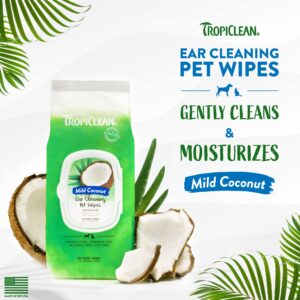 TropiClean Mild Coconut Dog Ears Cleaning Wipes | Ear Wipes for Dogs & Cats | Deodorizing Pet Ear Wipes Derived from Natural Ingredients | 50 Count