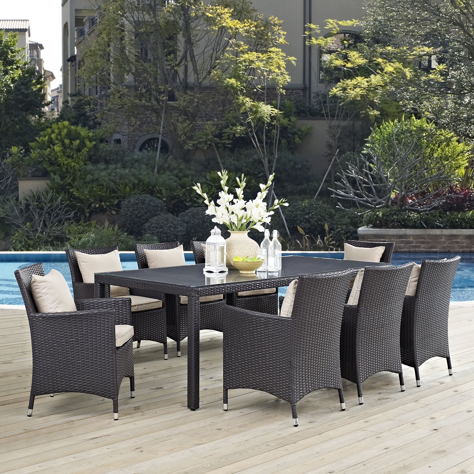 Modway Convene 9-pc Outdoor Patio Dining Set with Washable Cushion Covers in Espresso Beige