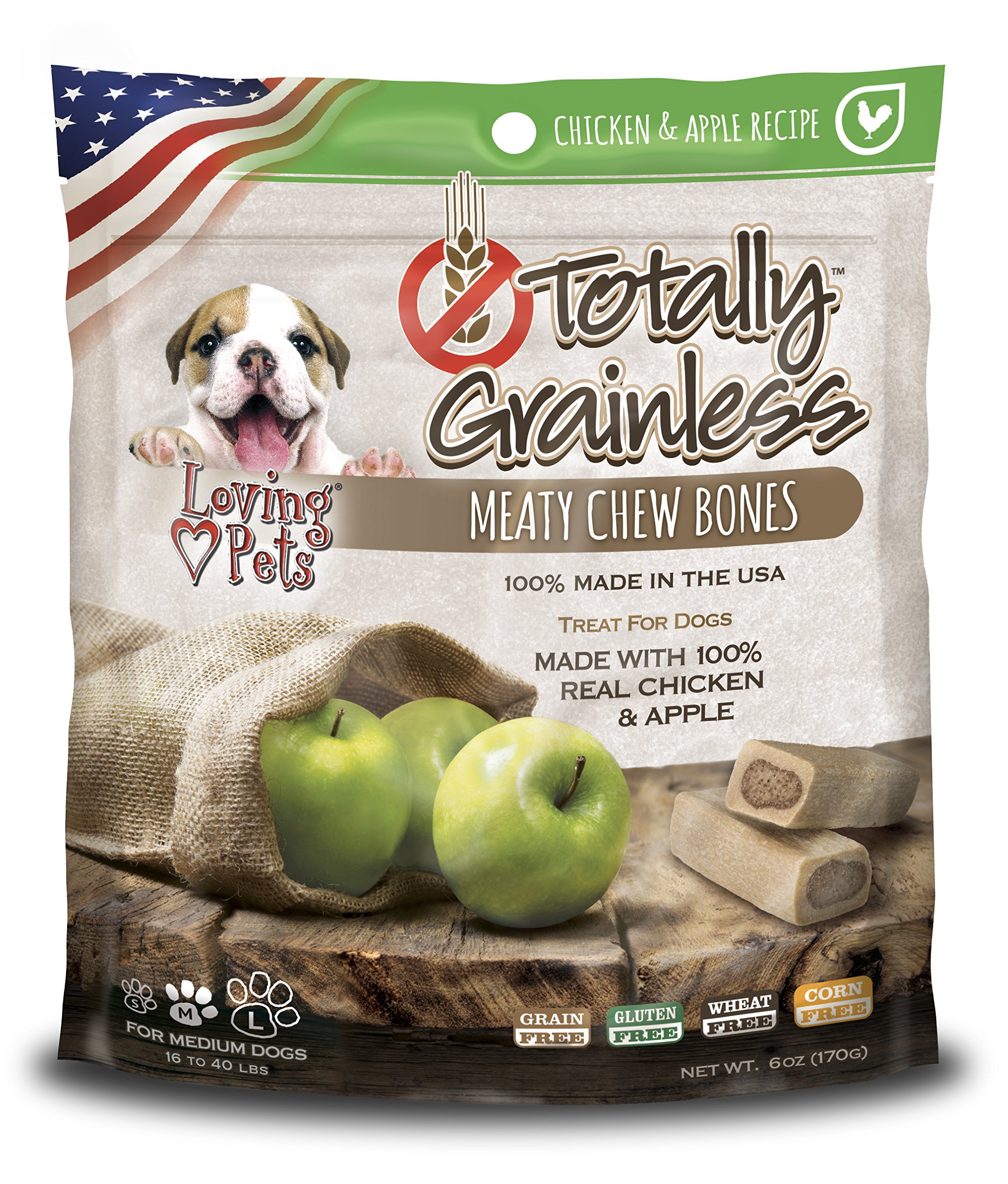 Loving Pets Totally Grainless - Chicken and Apple Meaty Chew Bones for Dogs (for Medium Dogs 20-30 lbs), 6oz