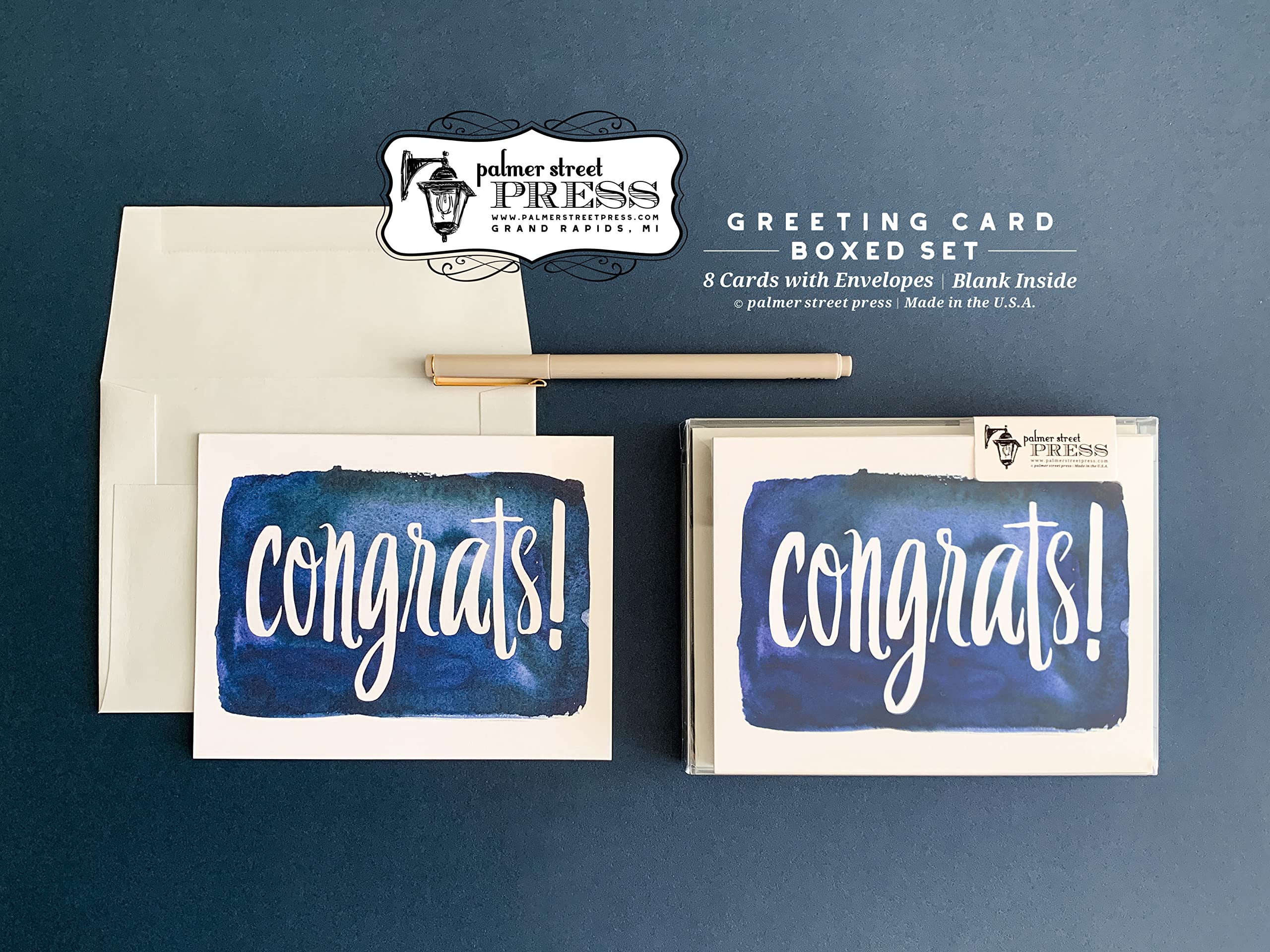 Palmer Street Press Congrats! Inky Navy Congratulations Cards - Set of 8 Congratulations Greeting Cards And 8 Envelopes - Congratulations Graduation Card - Designed, Printed and Packaged in the USA