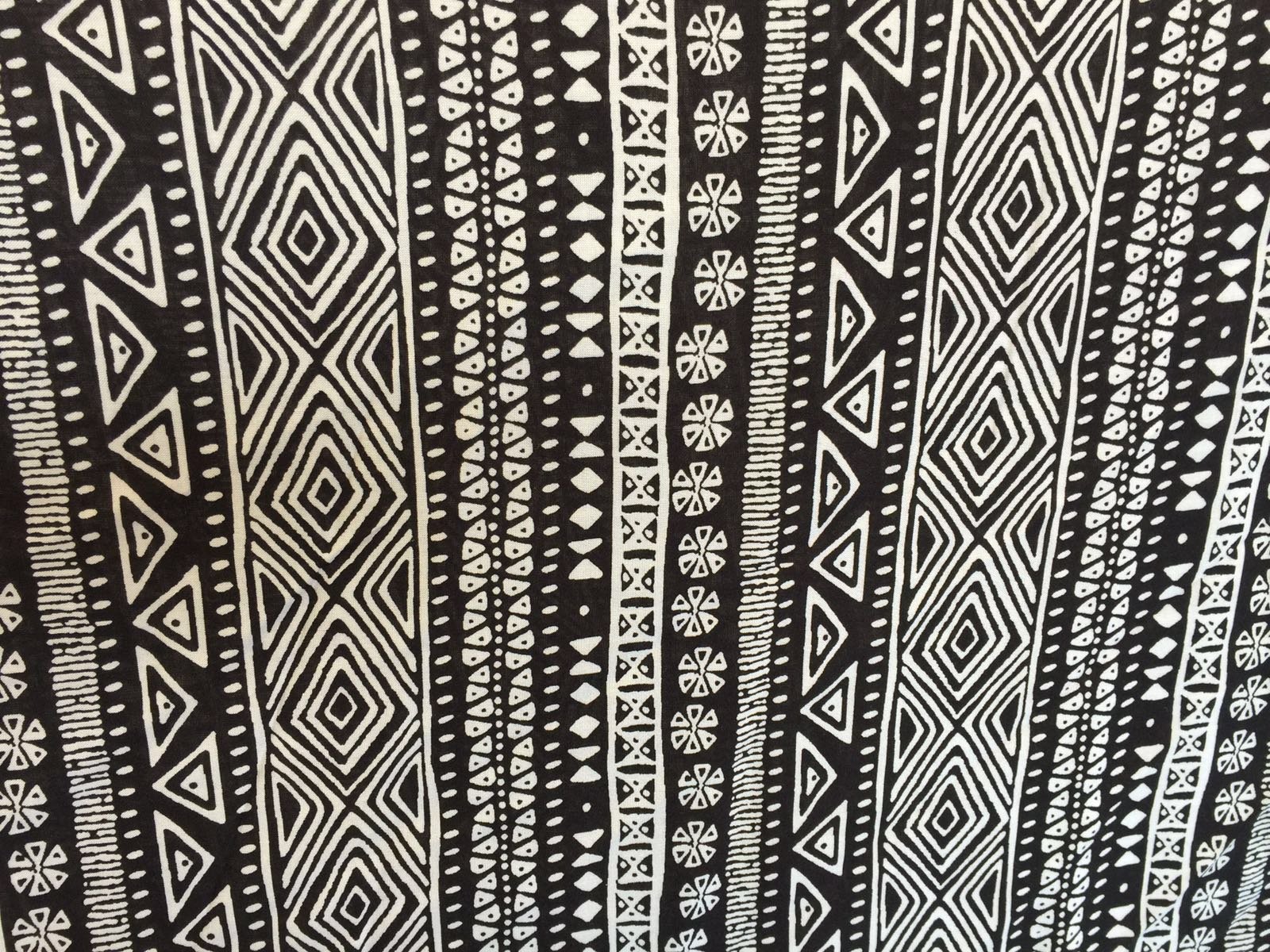 100% Rayon Challis Aboriginal Inspired Print W Off White N Black Fabric