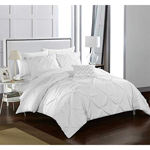 Chic Home Daya Cover Set Ruffled Pinch Pleat Design Embellished Zipper Closure Bedding, King Duvet, White