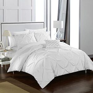 Chic Home Daya Cover Set Ruffled Pinch Pleat Design Embellished Zipper Closure Bedding, King Duvet, White