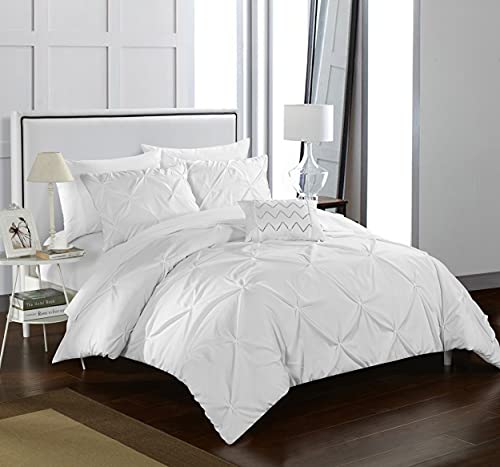 Chic Home Daya Cover Set Ruffled Pinch Pleat Design Embellished Zipper Closure Bedding, King Duvet, White