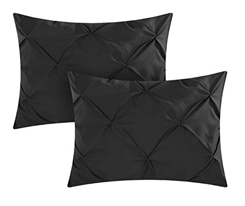 Chic Home 4 Piece Daya Pinch, Ruffled and Pleated Complete Queen Duvet Cover Set Black Shams and Decorative Pillows Included